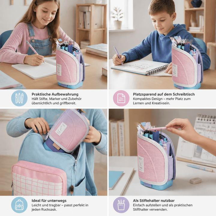 Platzsparendes Pop-Up Federmäppchen für geordnete Schreibwaren. Flexibler Stiftehalter für Schule & Büro-Organisation.