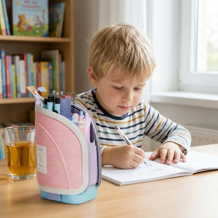Federmäppchen für Schule und Uni: Pop-Up Design mit Stiftehalter. Effektiver Schreibtisch-Organizer für Studenten.