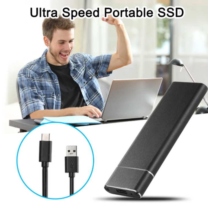 Portabler Ultra-Speed USB-C SSD Festplattenspeicher aus Aluminium für schnelle Datenübertragung und Datensicherung.