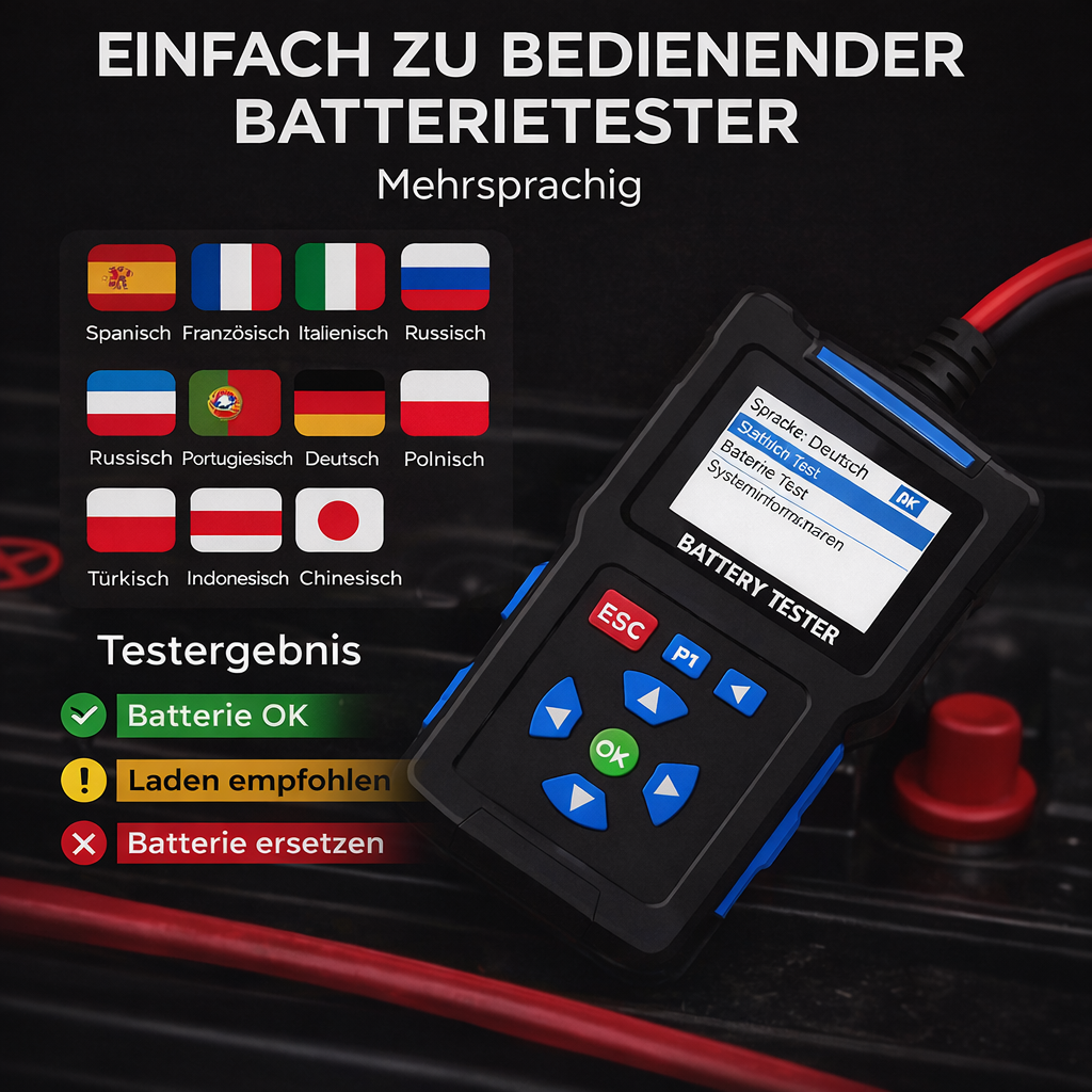 PowerScope 12 Batterietester: kompaktes Gerät zur 12V Autobatterieprüfung & Fahrzeugdiagnose. Ideal für Auto & Motorrad.