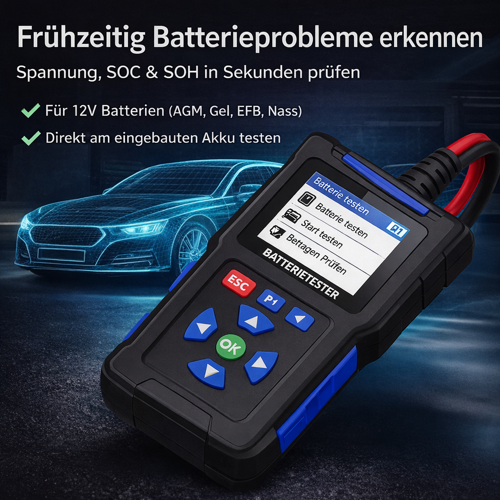 PowerScope 12 Batterietester: Deutliches Display zeigt 12V Batteriezustand, Spannung. Wichtig für Auto Wartung.
