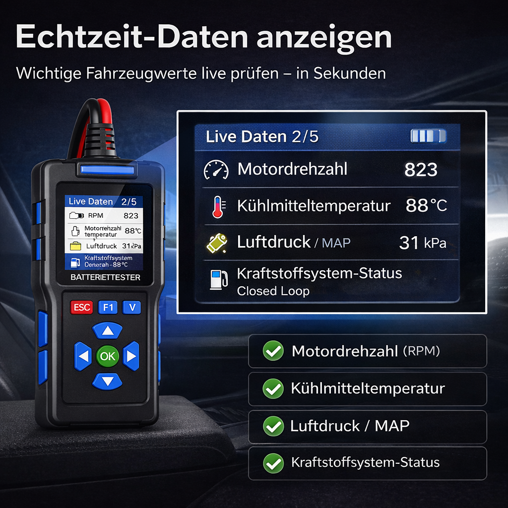 PowerScope 12 Batterietester: Einfache Verbindung zur 12V Autobatterie mit robusten Klemmen für schnelle Diagnose.