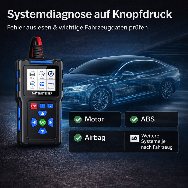 Handlicher PowerScope 12 Batterietester: Tragbares 12V Batterieprüfgerät für Auto, Motorrad und Boot. Einfache Bedienung.