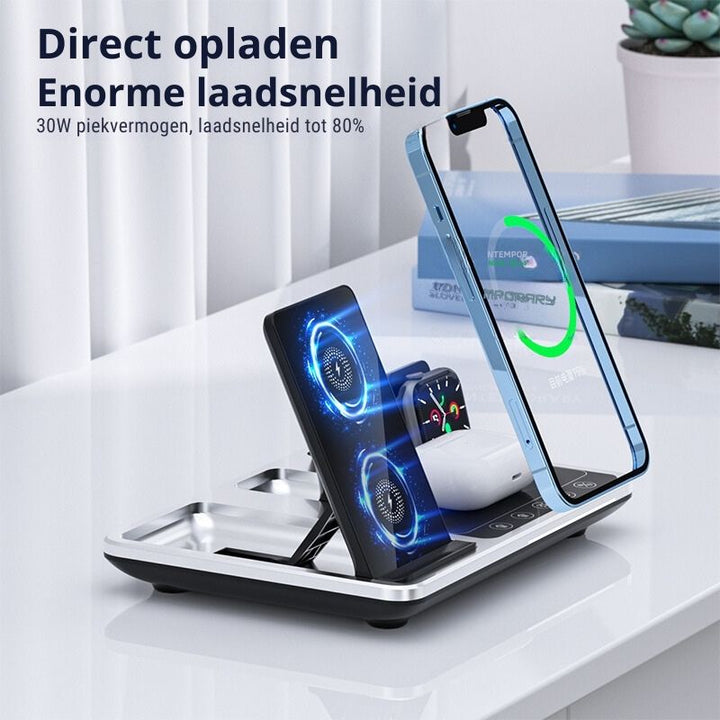 Kabellose PowerSync Ladestation & Organizer für Schreibtisch: Lädt 3 Geräte gleichzeitig – Handy, Uhr, Buds.