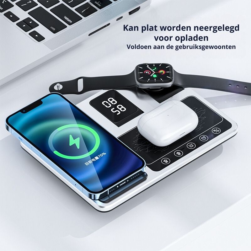 Kompakter PowerSync Lade-Hub für unterwegs: Universelle 4-in-1 kabellose Ladestation für Mobilgeräte.