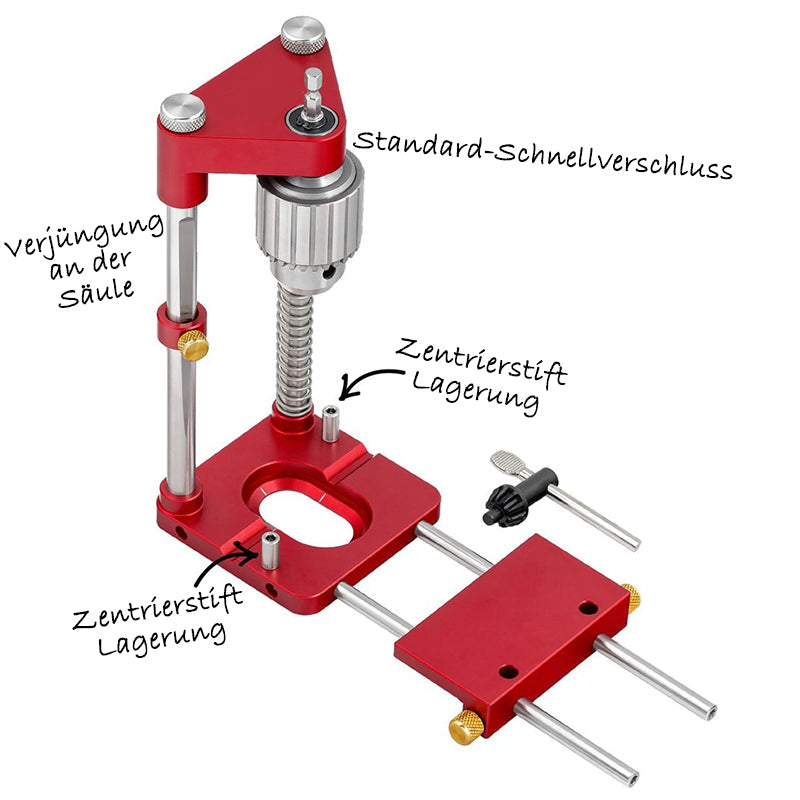 Detailansicht der präzisen Bohrhilfe mit Skala, ideal zum Messen und Positionieren am Holz.