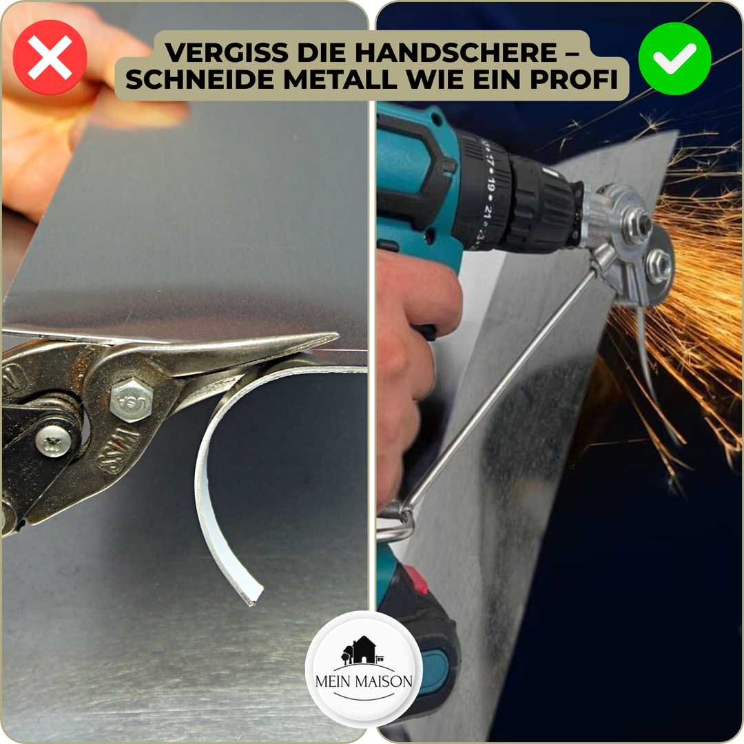 Professioneller Bohrmaschinenaufsatz zum präzisen und mühelosen Trennen von Metallblechen. Präzisionsschneider.