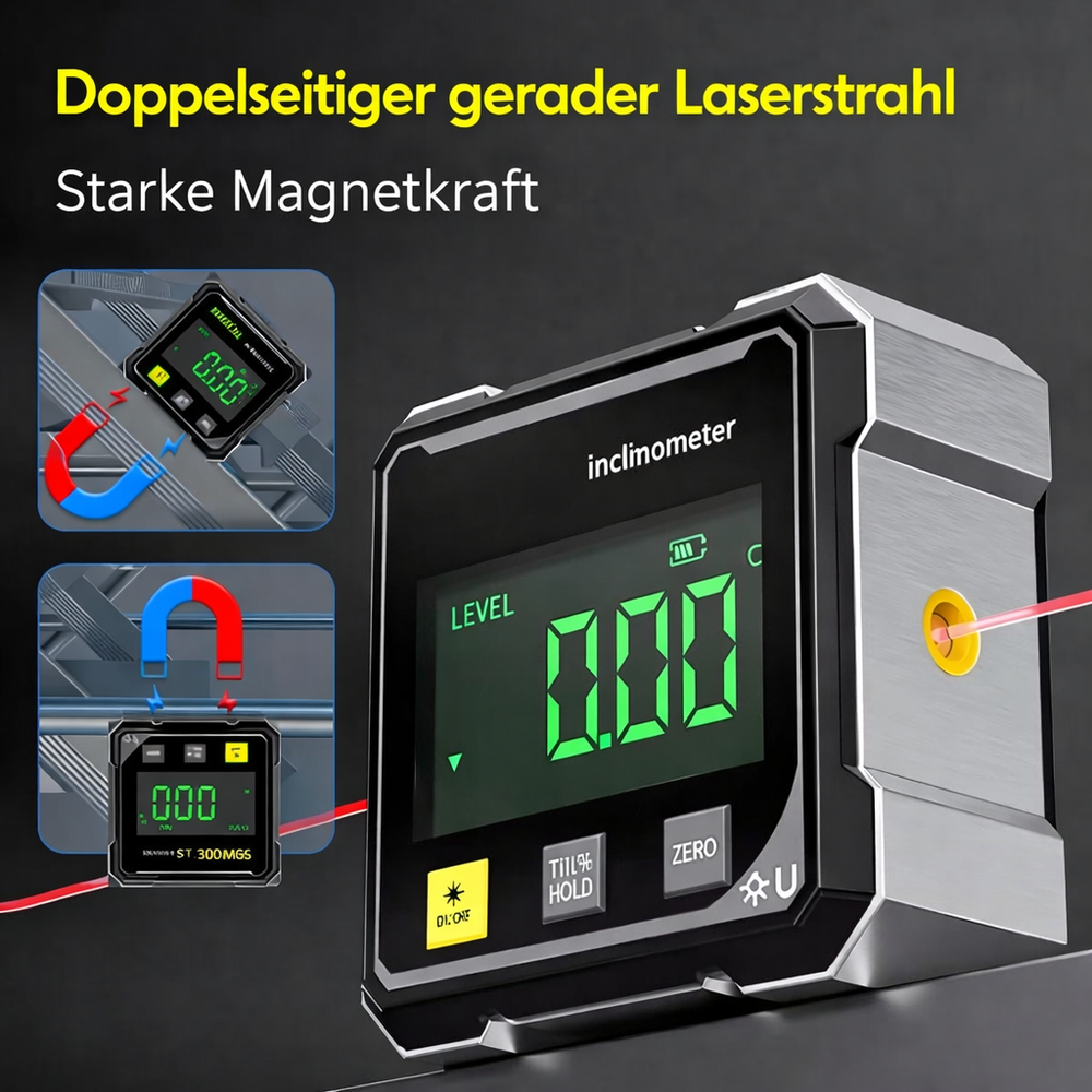 Digitaler Winkelmesser mit Laserfunktion, magnetisch an Metallträger für präzise Ausrichtung im Bau & Heimwerkerbereich.