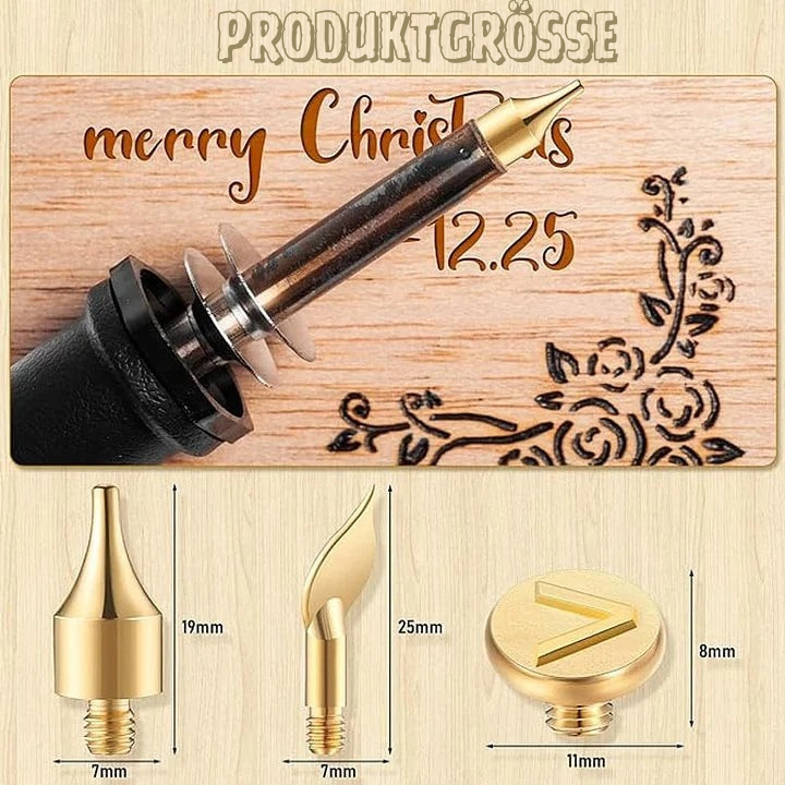 Abgebildetes Gravur-Set mit Brennspitzen, Alphabet- & Musterschablonen für präzise Holz-, Leder- & Korkgravur DIY.