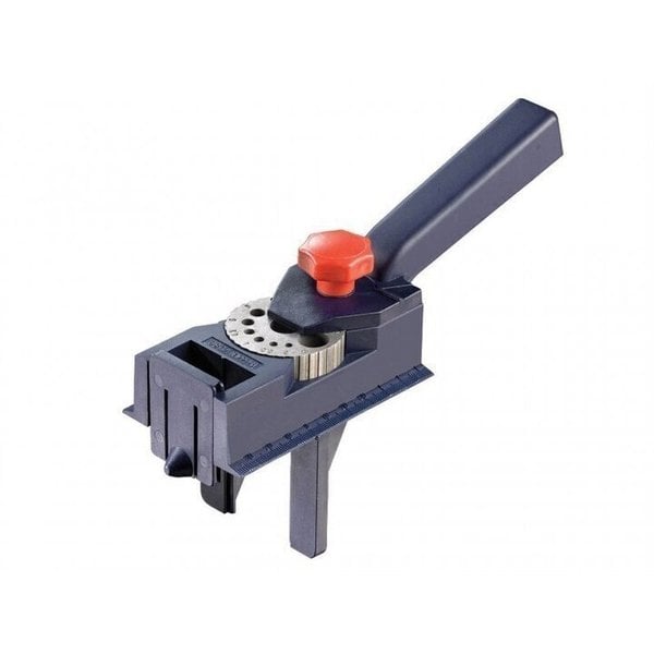 Ergonomische Bohrlehre mit Skala für exakte Einstellungen. Ideal für präzise Bohrungen in Holz und Platten.