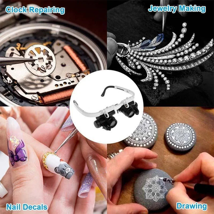 Hochwertige LED-Lupenbrille als Präzisionswerkzeug für Detailarbeiten in Schmuck, Hobby, Handwerk.
