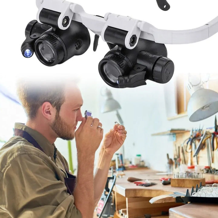 Nutzer trägt die leichte Vergrößerungsbrille mit LED bei der Reparatur von Uhrenmechanismen.