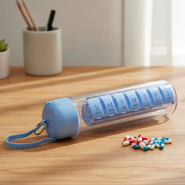 Wochenplaner Tablettenbox mit integrierter Wasserflasche für Vitamine und Medikamente. Optimal für Gesundheit & Reise.