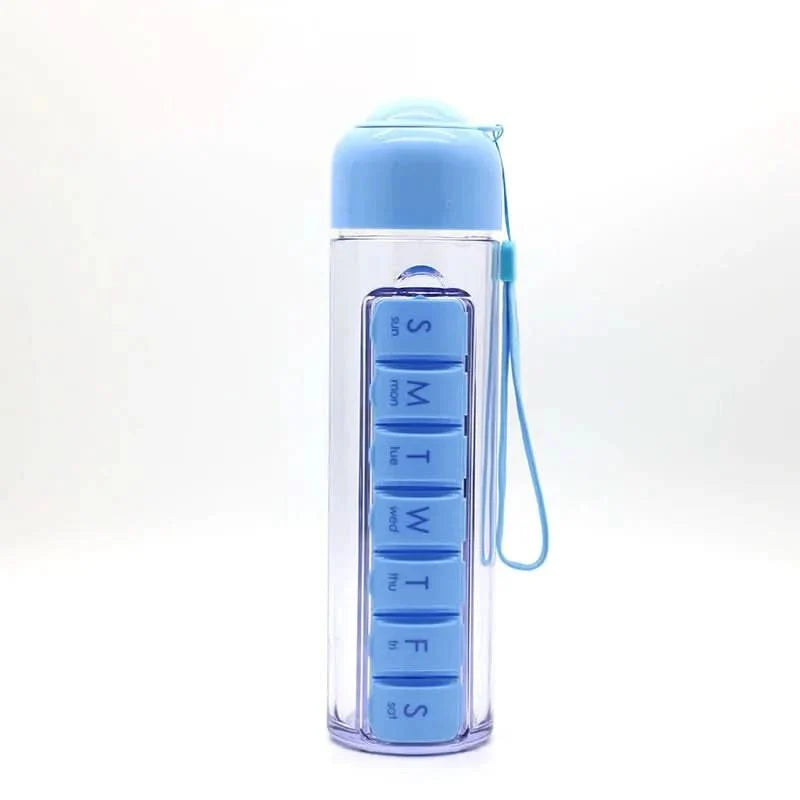Blaue Tablettenbox mit abnehmbarer Wasserflasche für Medikamente, Vitamine unterwegs. Praktischer Alltagsbegleiter.