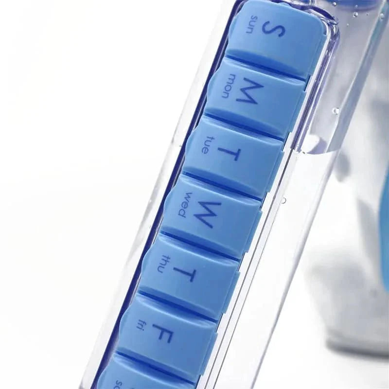 Die 2-in-1 Tablettenbox und Wasserflasche vereinfacht Ihre Medikamenten- und Vitamin-Einnahme für 7 Tage.