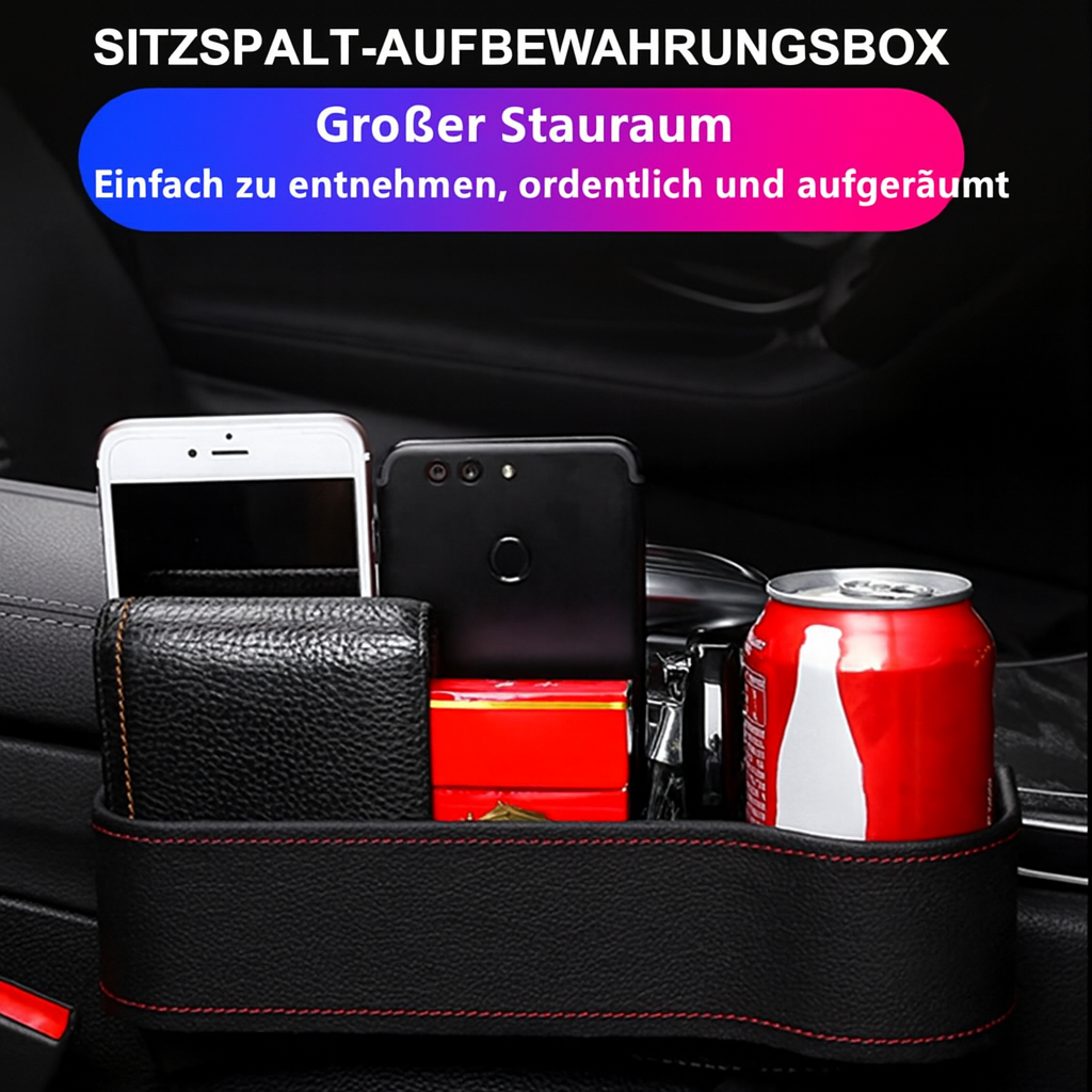 Schwarzer Leder-Auto-Organizer mit Becherhalter und zusätzlichen Fächern für Handy und Schlüssel.