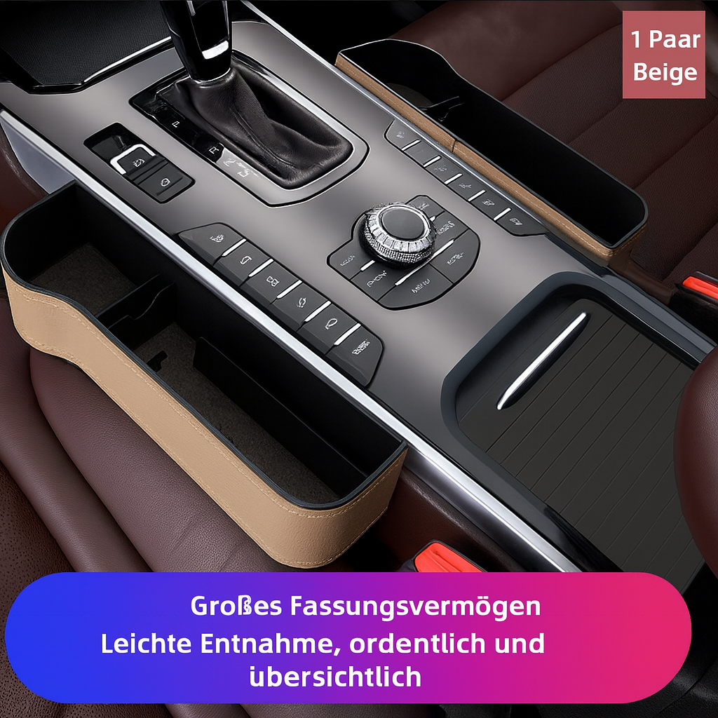Detaillierter Leder-Organizer für Autositze, mit praktischen Fächern für Getränke und kleine Gegenstände.