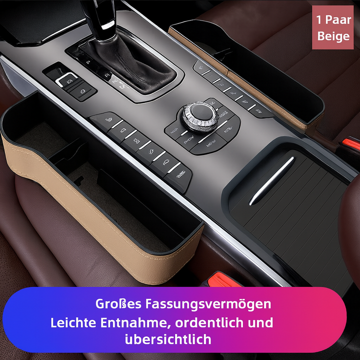 Detaillierter Leder-Organizer für Autositze, mit praktischen Fächern für Getränke und kleine Gegenstände.