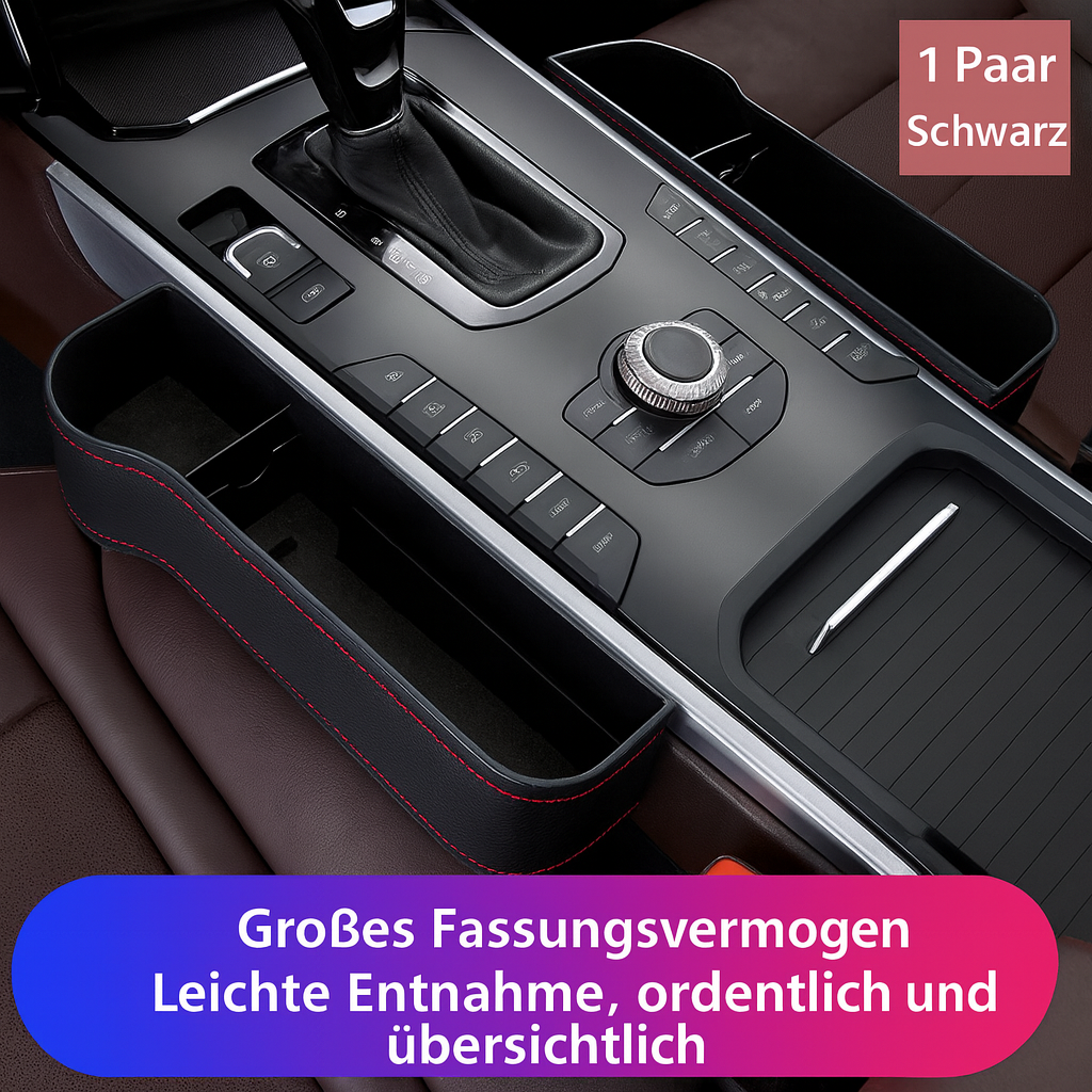 Multifunktionaler Leder-Sitz-Organizer für Auto, ideal zum Verstauen von Essentials und Getränken.