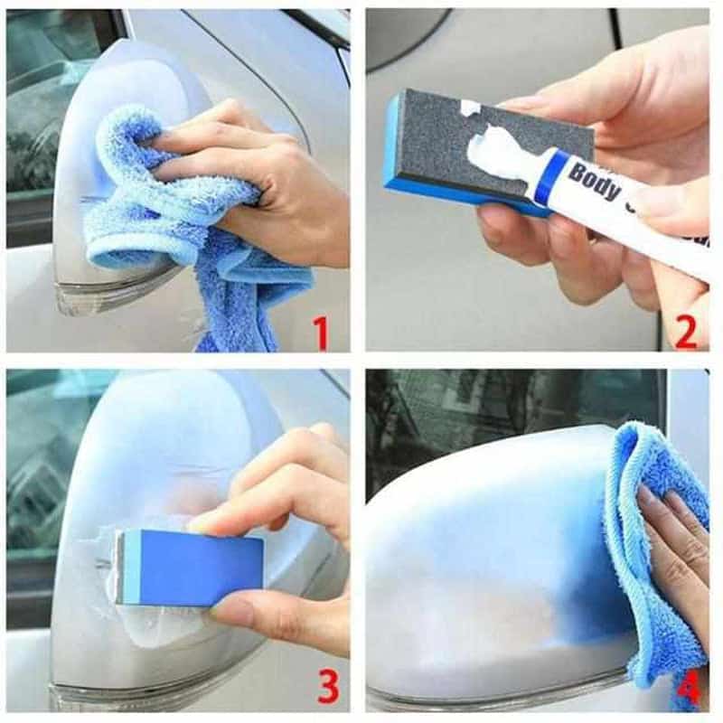 Vorher-Nachher: Erfolgreiche Kratzerentfernung auf Autolack mit dem Premium Autopflege-Set.