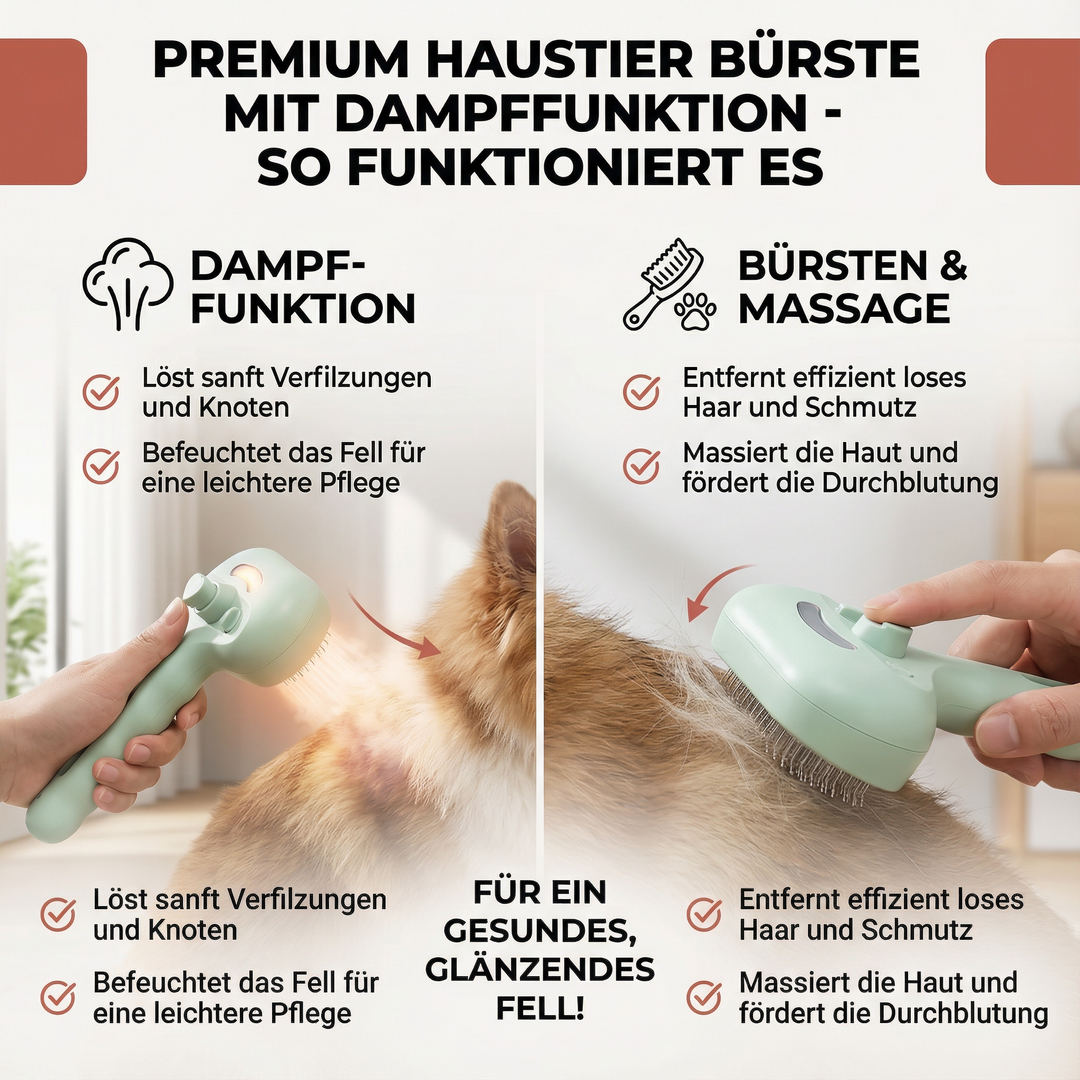 Innovative Dampfbürste zur schonenden Tierpflege; entfernt lose Haare, pflegt das Fell und reduziert Haarausfall.