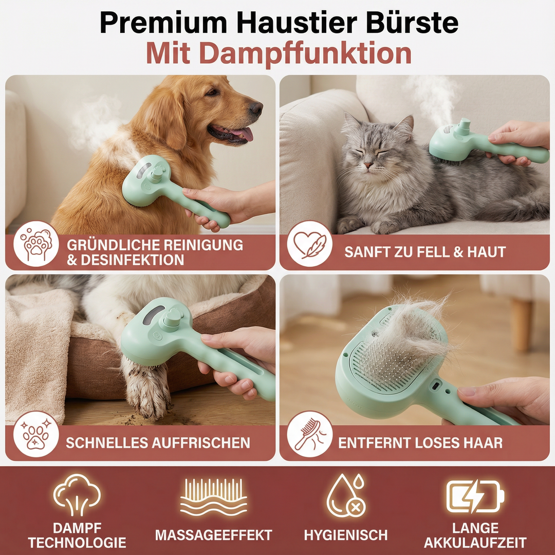 Sanfte Fellpflege mit der Dampf-Haustierbürste für eine stressfreie Tierpflege und glattes, gepflegtes Fell.