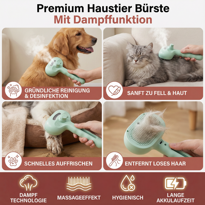 Sanfte Fellpflege mit der Dampf-Haustierbürste für eine stressfreie Tierpflege und glattes, gepflegtes Fell.