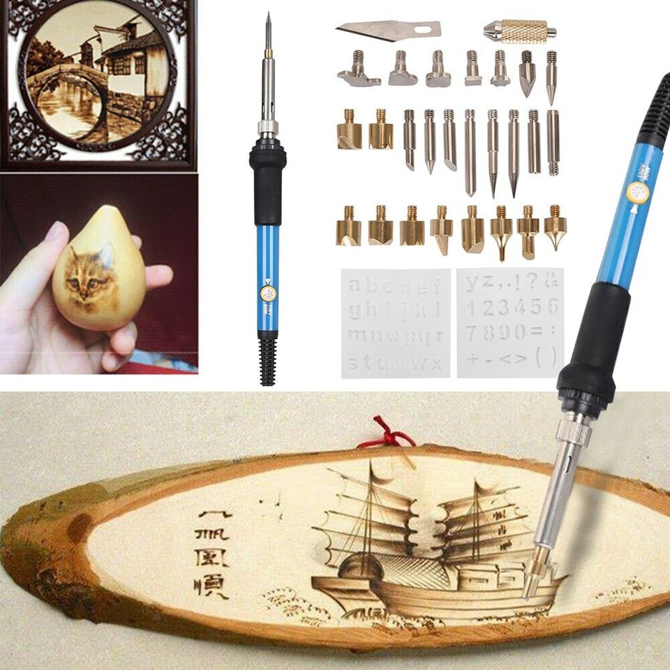 Vielfältige Brennspitzen & Aufsätze des Pyrographie-Sets für detaillierte Brandmalerei auf verschiedenen Materialien.