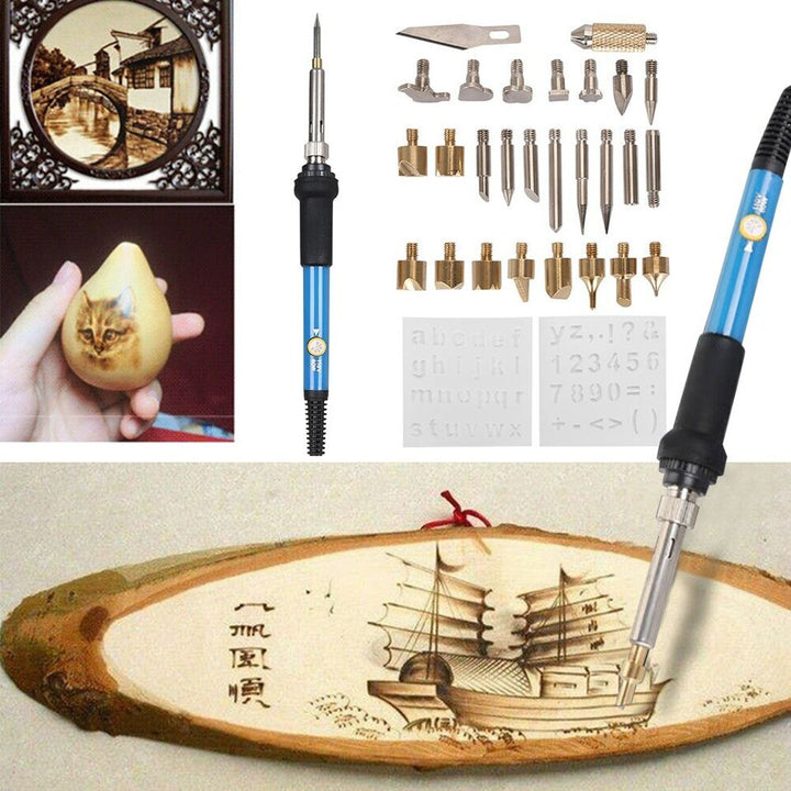 Vielfältige Brennspitzen & Aufsätze des Pyrographie-Sets für detaillierte Brandmalerei auf verschiedenen Materialien.