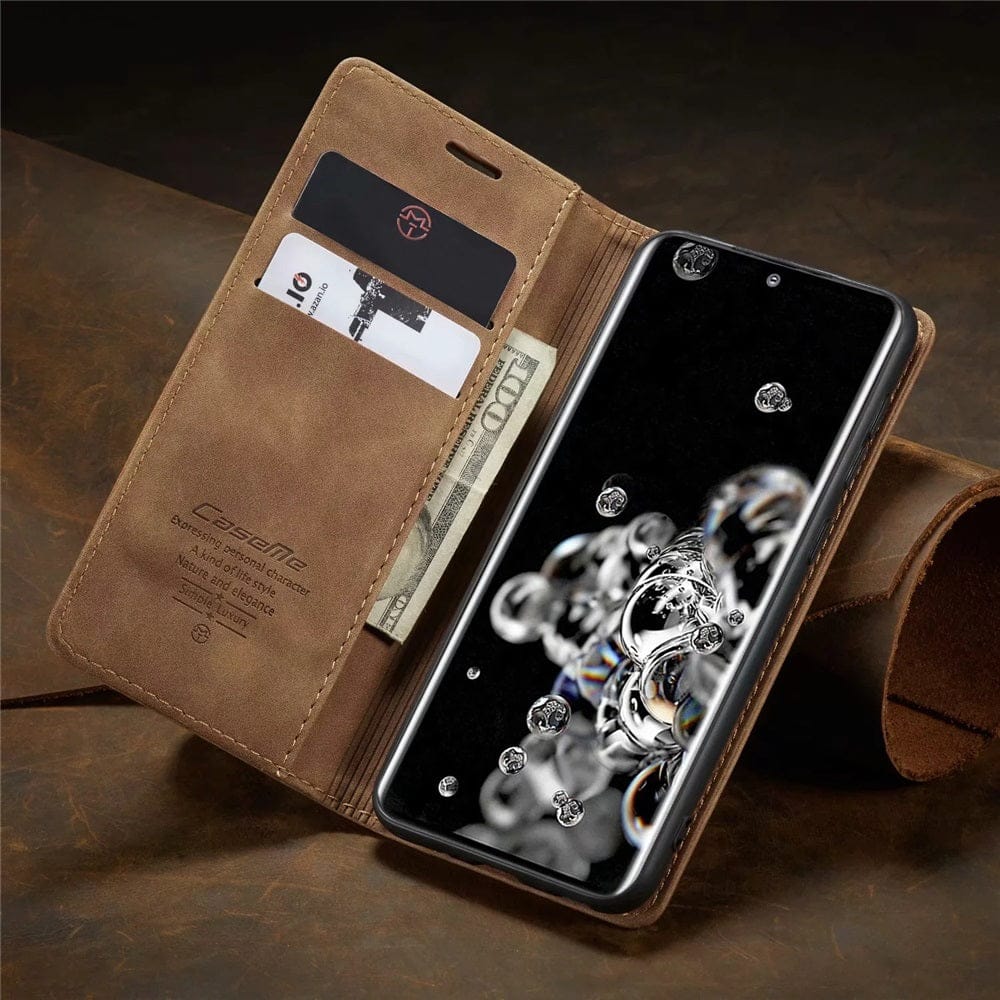 Robuste Samsung Galaxy Schutzhülle aus PU Leder. Stoßfestes Klappetui mit Magnetverschluss und Kartenfächern.