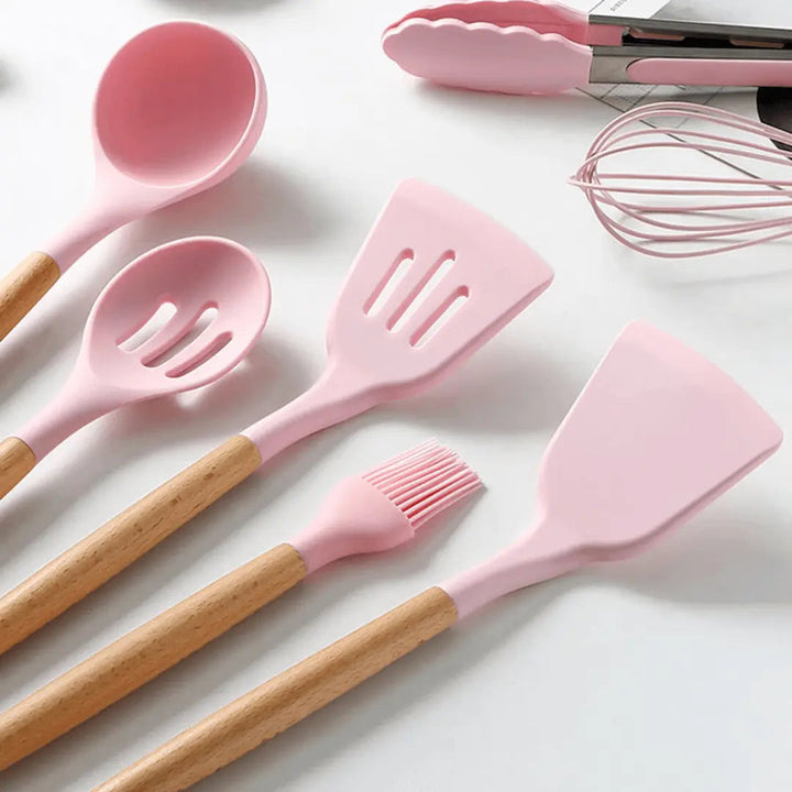 Rosa, grünes & schwarzes FlexiChef Silikon Küchenhelfer Set, ideal für Antihaft-Kochgeschirr, hitzebeständig.