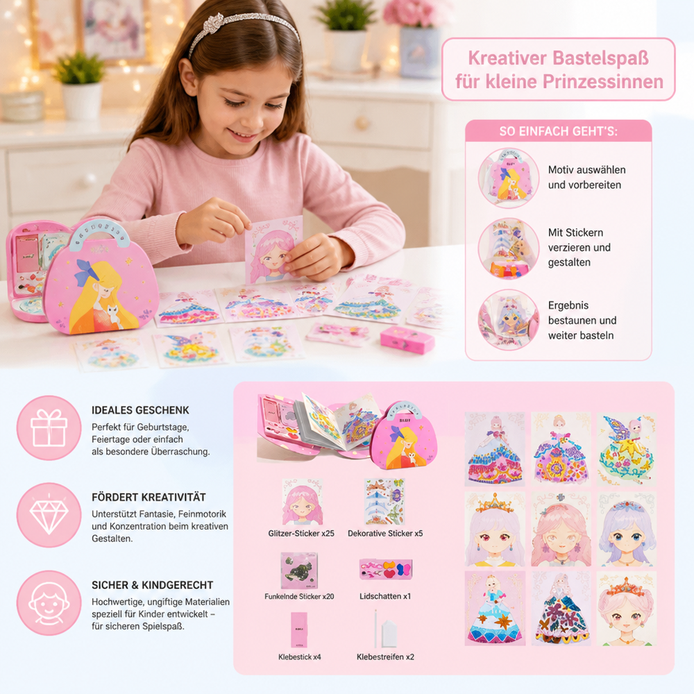Glitzernde Prinzessin Diamant Sticker und Kinderschminke. Mädchen Bastelset für kreative DIY-Projekte.