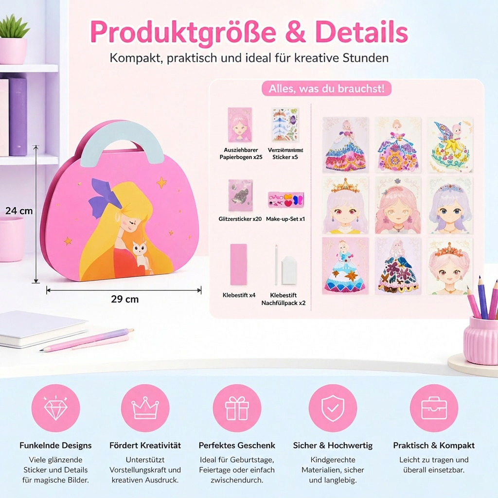 Detailansicht des Prinzessin Diamant Sticker & Schminke Bastelsets. Zeigt Sticker, Glitzer und Kinderschminke.