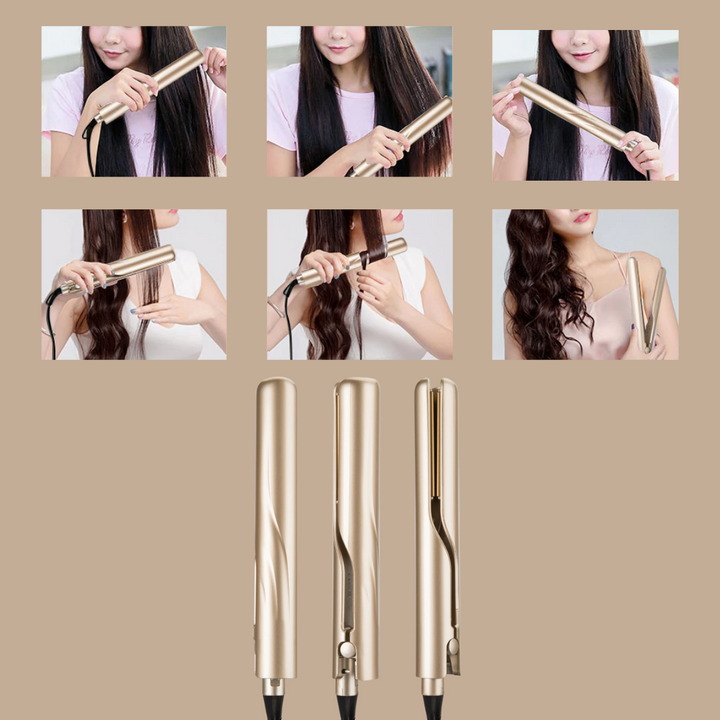 Kompakter, reisefreundlicher 2-in-1 Haarstyler: Glätteisen & Lockenstab für Styling unterwegs.
