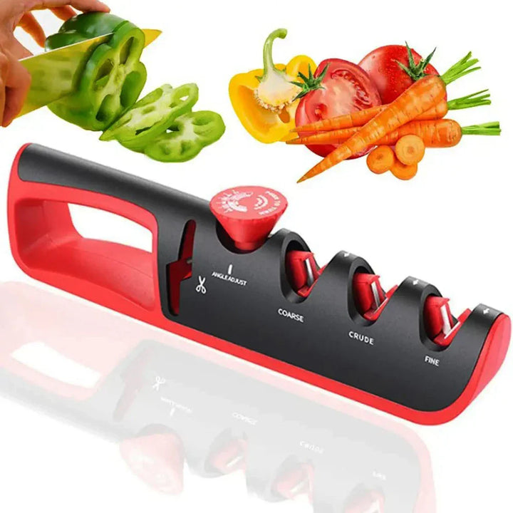 Professioneller 4-in-1 Messerschärfer für optimale Schärfe in der Küche; ideal für Kochmesser & Scheren.