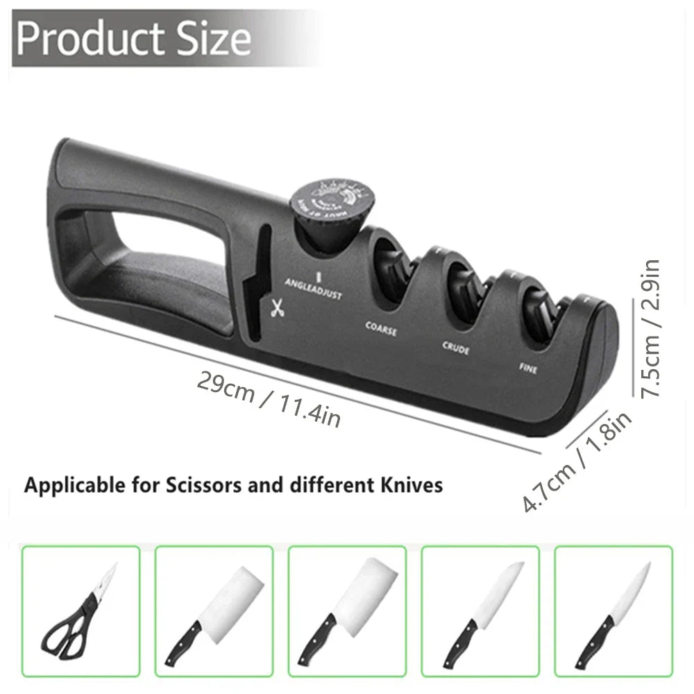 Ergonomischer 4-in-1 Messerschärfer für sicheres und effektives Schärfen von Messern & Scheren in der Küche.