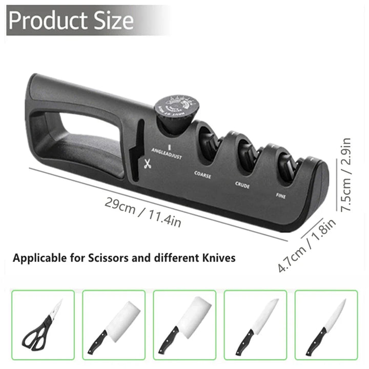 Ergonomischer 4-in-1 Messerschärfer für sicheres und effektives Schärfen von Messern & Scheren in der Küche.