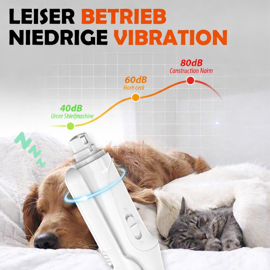 Ergonomischer elektrischer Krallentrimmer für Haustiere, leise, mit LED und USB, einfache Handhabung.