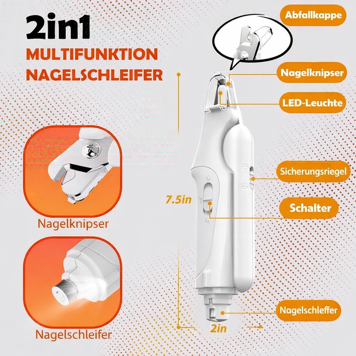 Sanfter Nagelschleifer für Hunde & Katzen, USB-ladbar, leise Motor & LED für sichere Krallenpflege.
