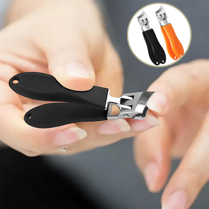 Professioneller Nagelknipser mit breiter Öffnung und integriertem Spritzschutz für dicke Nägel und Hygiene.