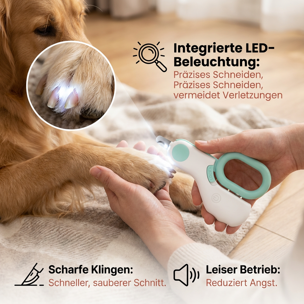 Sichere Krallenschere für Hunde und Katzen mit LED-Beleuchtung & Krallenfeile für sanfte Haustierpflege.