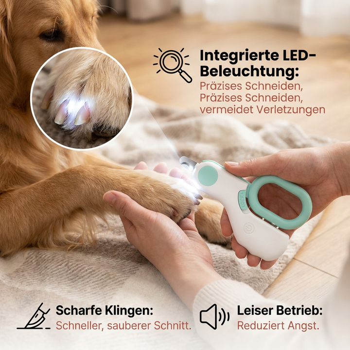 Sichere Krallenschere für Hunde und Katzen mit LED-Beleuchtung & Krallenfeile für sanfte Haustierpflege.