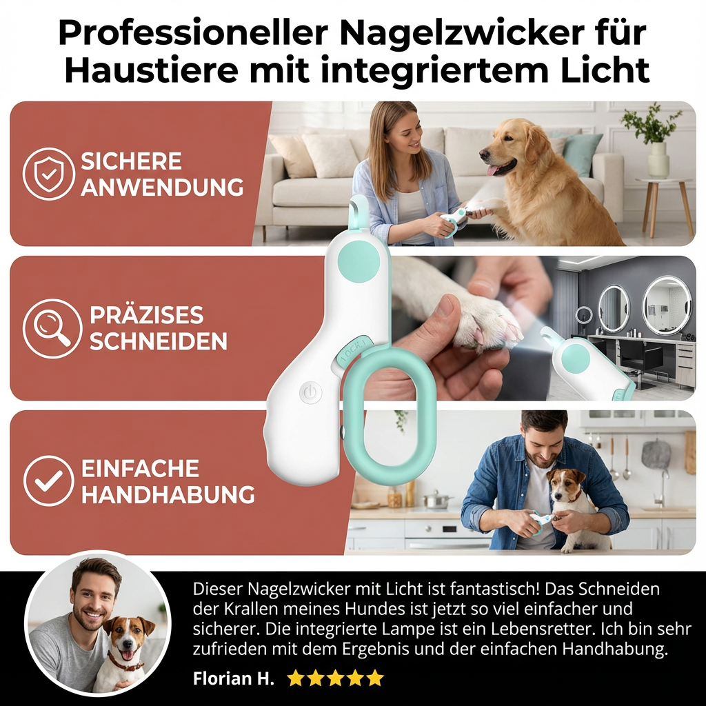 Edelstahl Nagelzwicker für Haustiere mit LED-Licht. Präzise Krallenschere für professionelle Hunde- & Katzenpflege.