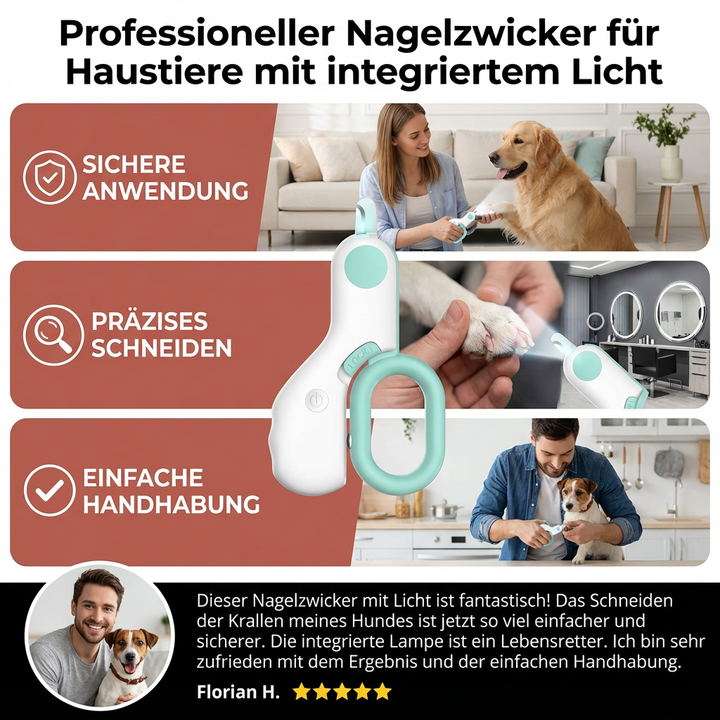 Edelstahl Nagelzwicker für Haustiere mit LED-Licht. Präzise Krallenschere für professionelle Hunde- & Katzenpflege.