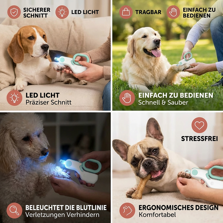 Praktischer Nagelzwicker für Hunde & Katzen mit integriertem LED-Licht & Krallenfeile für einfache Krallenpflege.