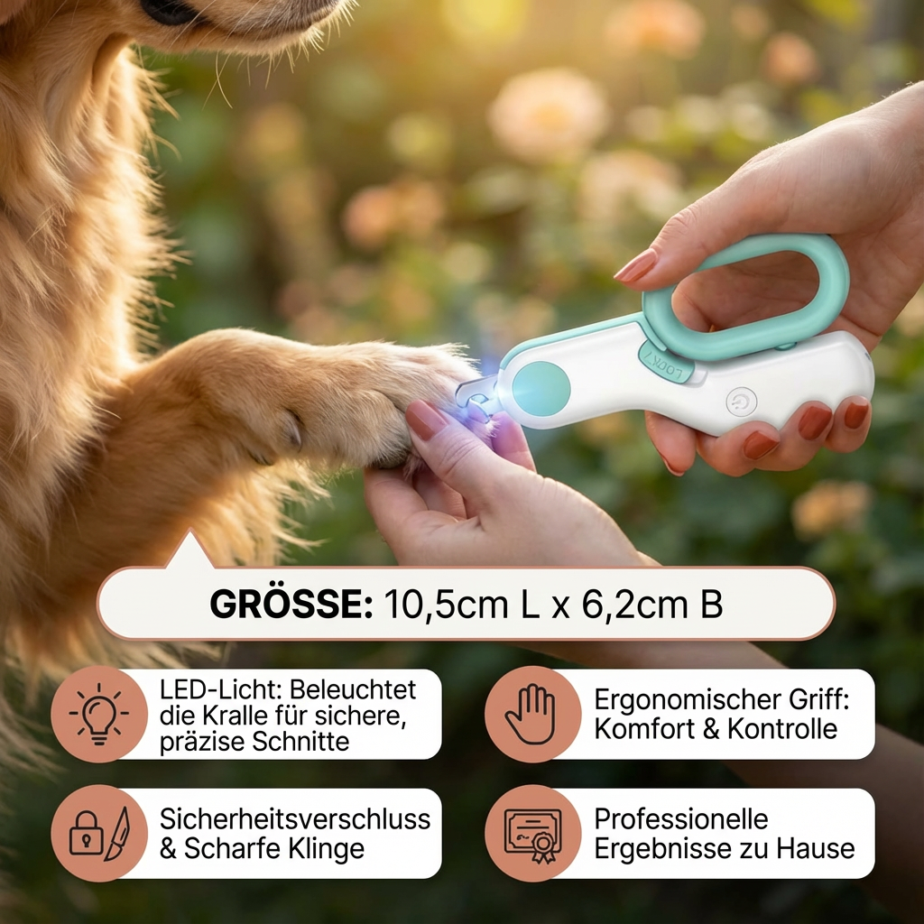 Haustier Krallenschere mit LED-Beleuchtung. Ideal für sichere Krallenpflege von Hunden & Katzen zu Hause.