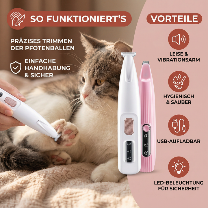 Pfoten-Trimmgerät mit LED-Beleuchtung für präzises Schneiden von Hunde- & Katzenhaaren.