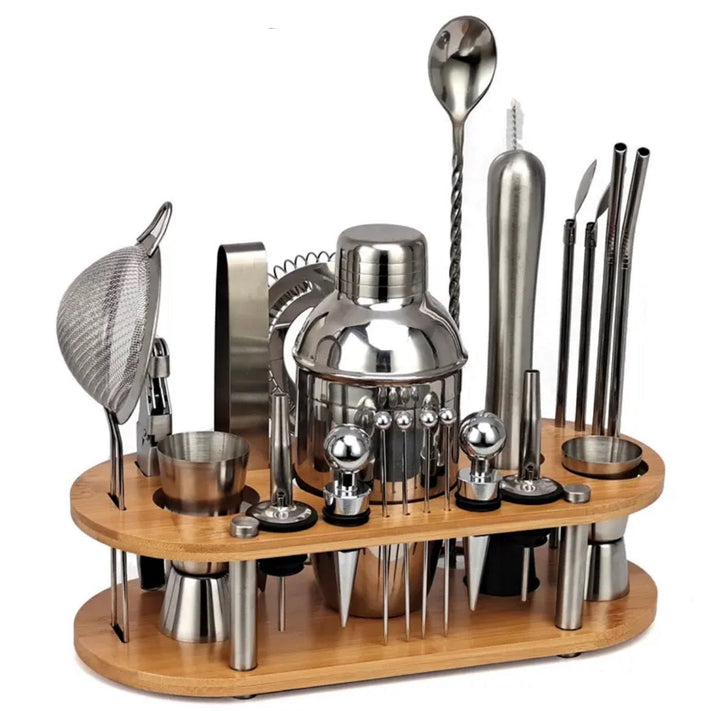 Professionelles Bartender-Set aus Edelstahl mit Cocktail Shaker und Bar Zubehör für die Hausbar.