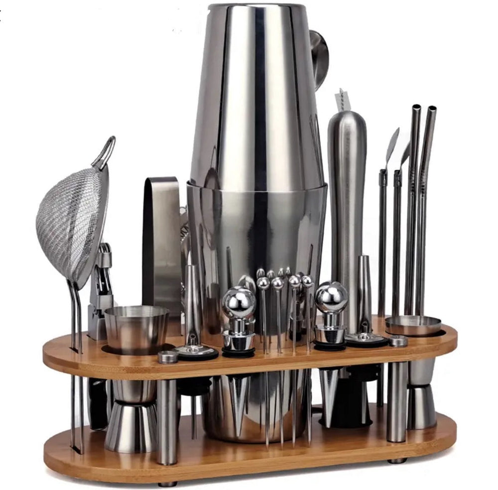 Komplettes Cocktail Shaker Set aus Edelstahl für Mixologie, Party Zubehör und Getränkezubereitung.