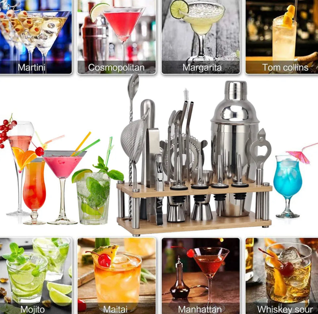 Umfassendes Bartender-Set mit Bar Zubehörteilen für professionelle Cocktail-Zubereitung und Shaker Set.
